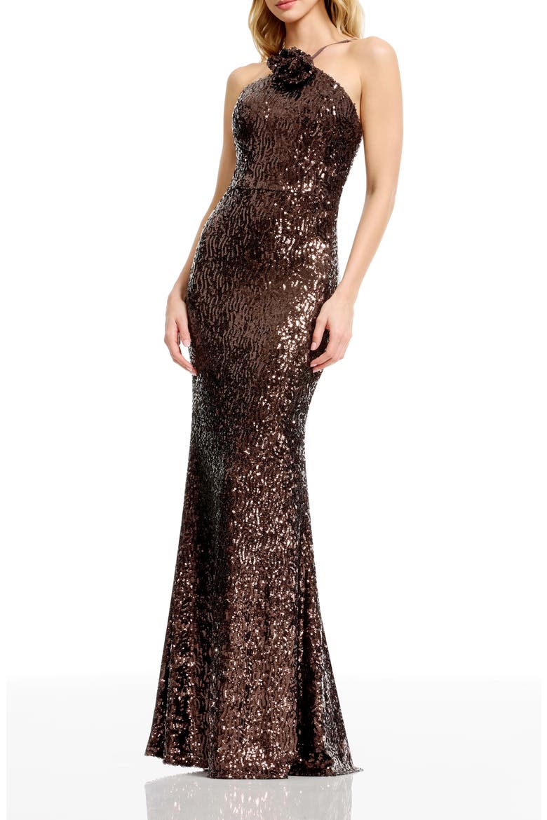 Noemi Rosette Sequin Halter Gown, Alternate, color, MOCHA