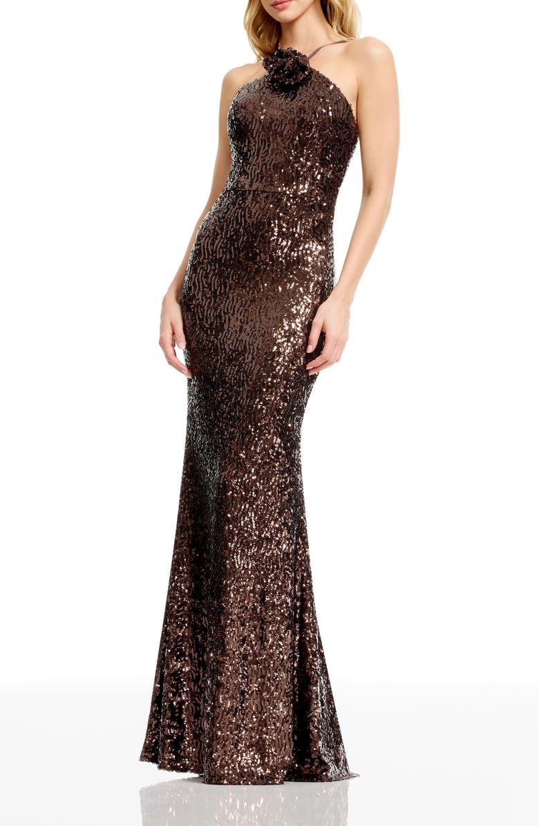 Dress the Population Noemi Rosette Sequin Halter Gown, Alternate, color, Mocha