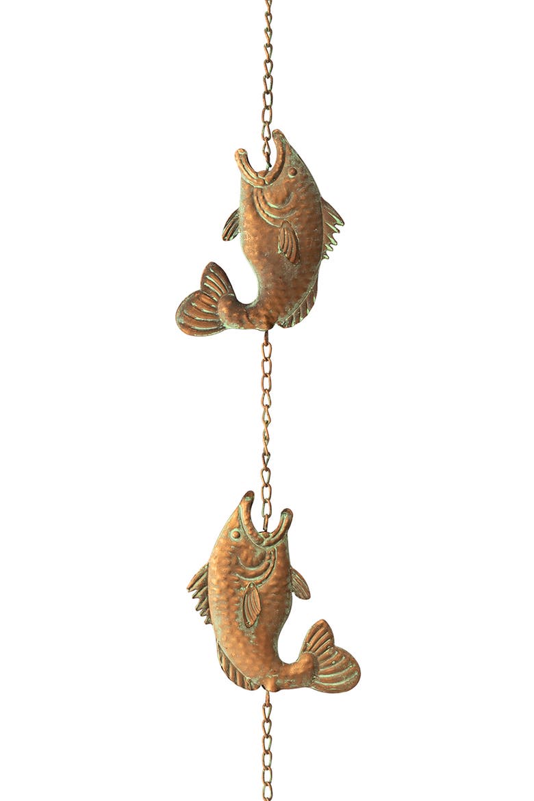 8.5ft Faux Copper Patina Finish Fish Shaped Rain Chain with Clip, Alternate, color, Gold
