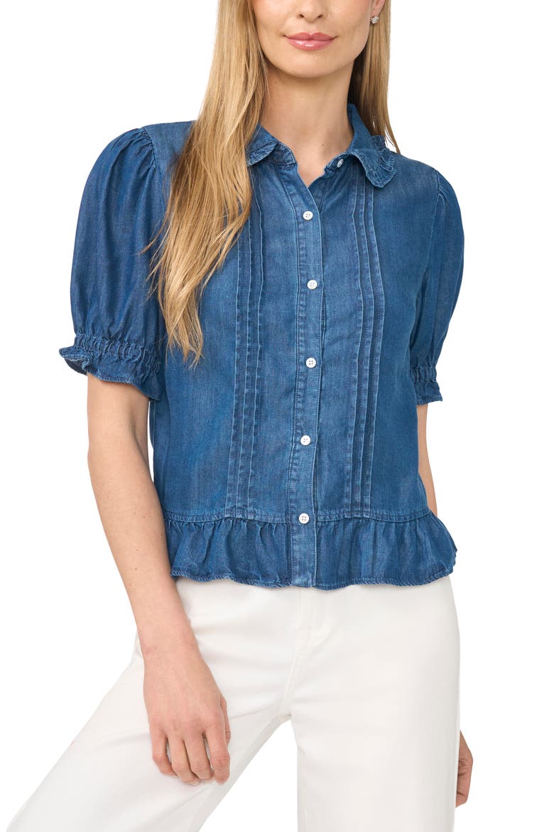 Ruffle Denim Shirt, Main, color, LIGHT BLUE WASH