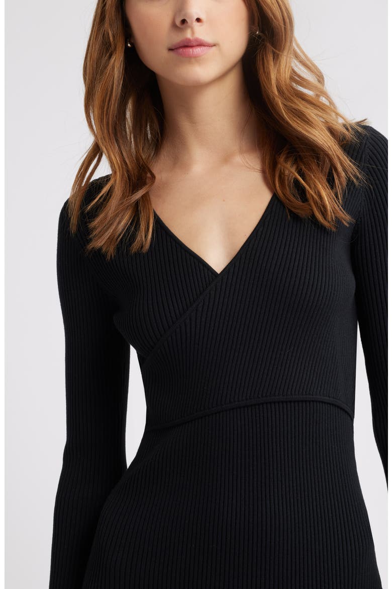 Luxe Long Sleeve Sculpt Rib Faux-Wrap Dress, Alternate, color, BLACK