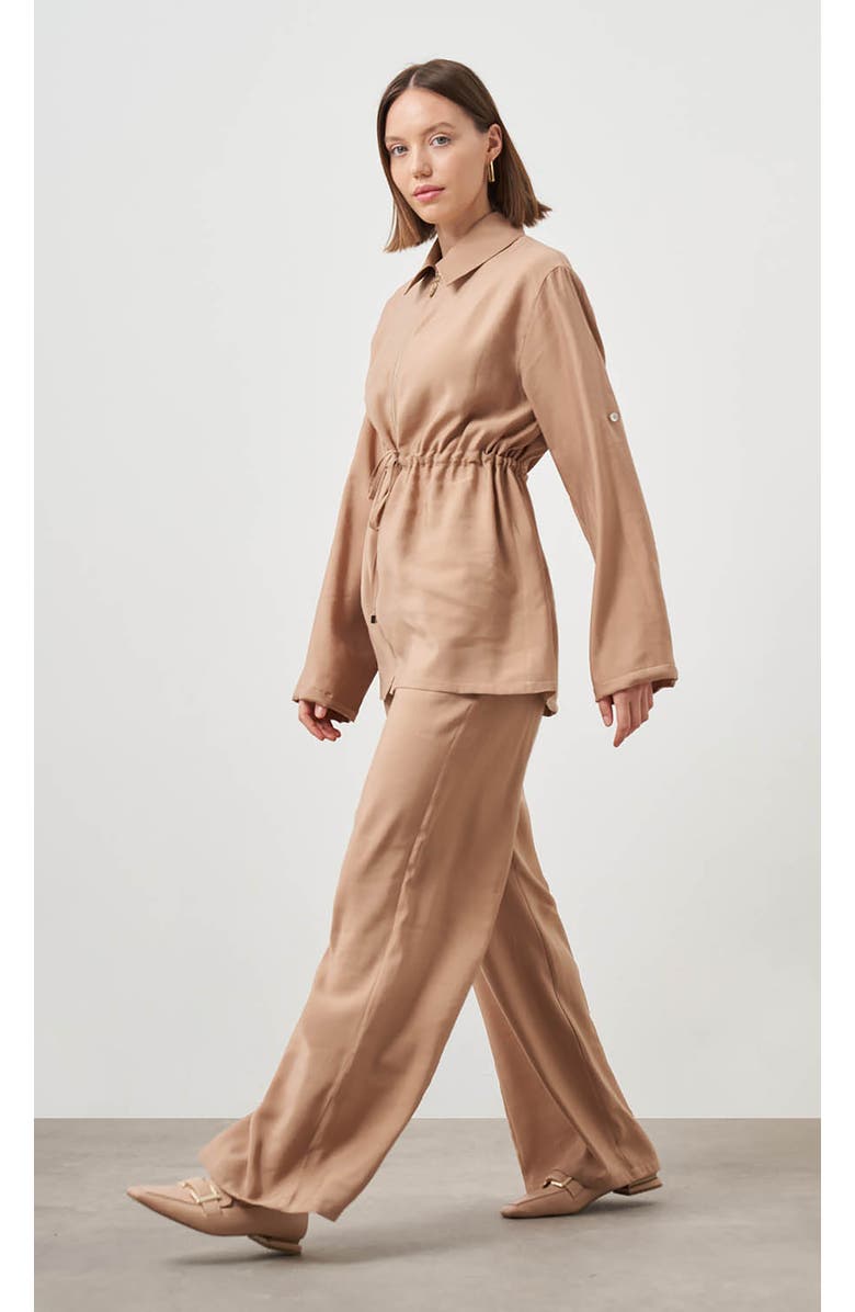 Mizalle Cinched Waist Shirt Jacket, Main, color, Beige