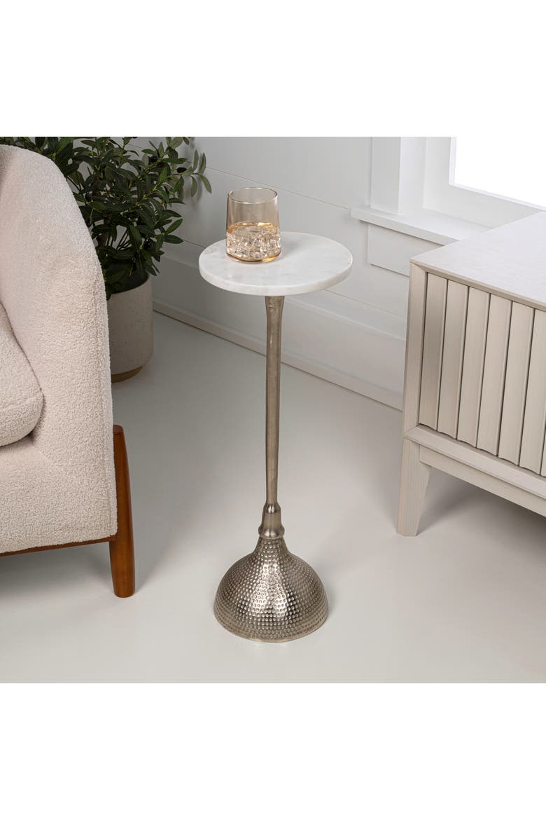 Ava Contemporary Round Marble Top Drink Table, Hammered Metal Pedestal Martini Accent Side Table, Alternate, color, Nickel