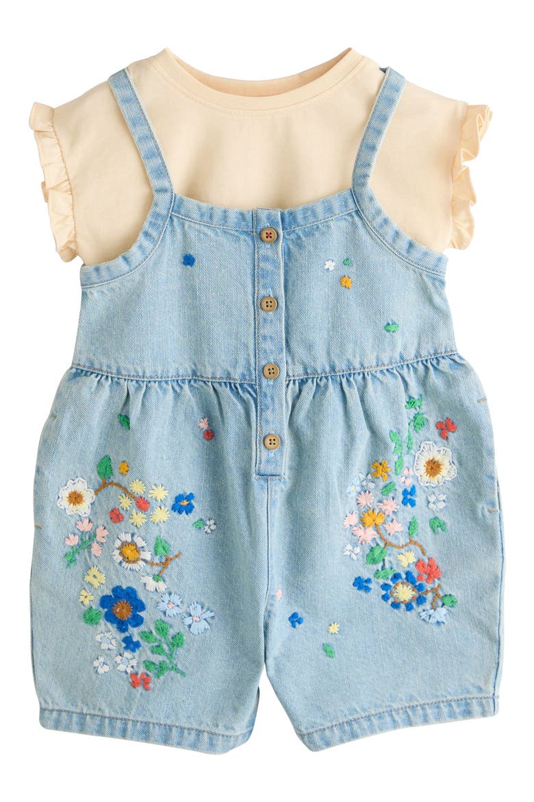 Kids' Embroidered Denim Romper & Frill Shirt Set, Main, color, BLUE