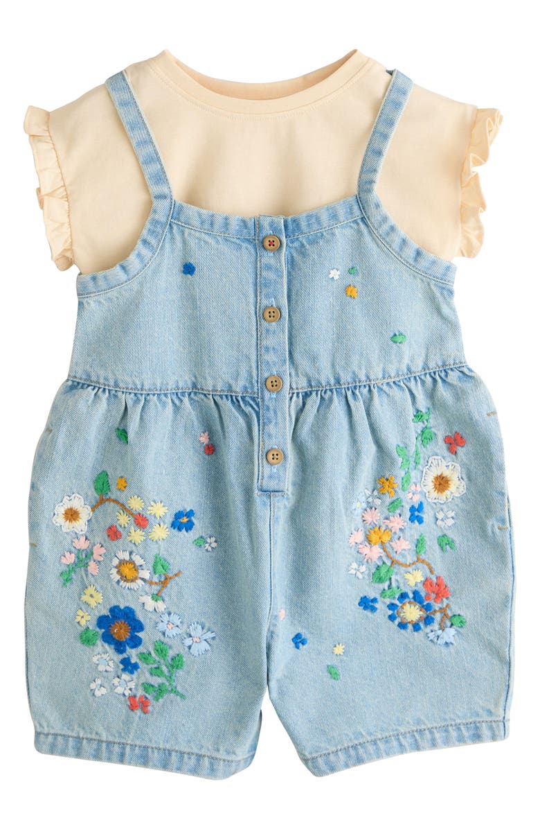 NEXT Kids' Embroidered Denim Romper & Frill Shirt Set, Main, color, Blue