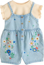 NEXT Kids' Embroidered Denim Romper & Frill Shirt Set