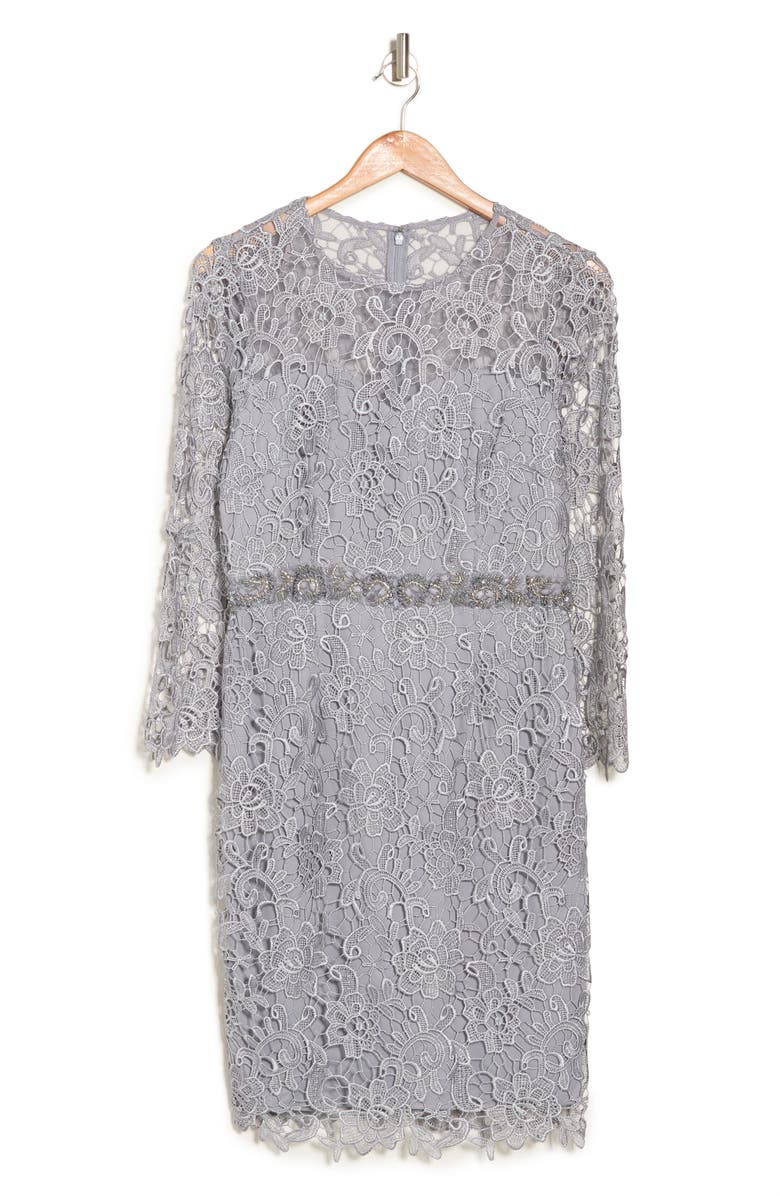 Marina Jewel Neck Three-Quarter Sleeve Lace Beaded Waist Cocktail Dress, Alternate, color, 