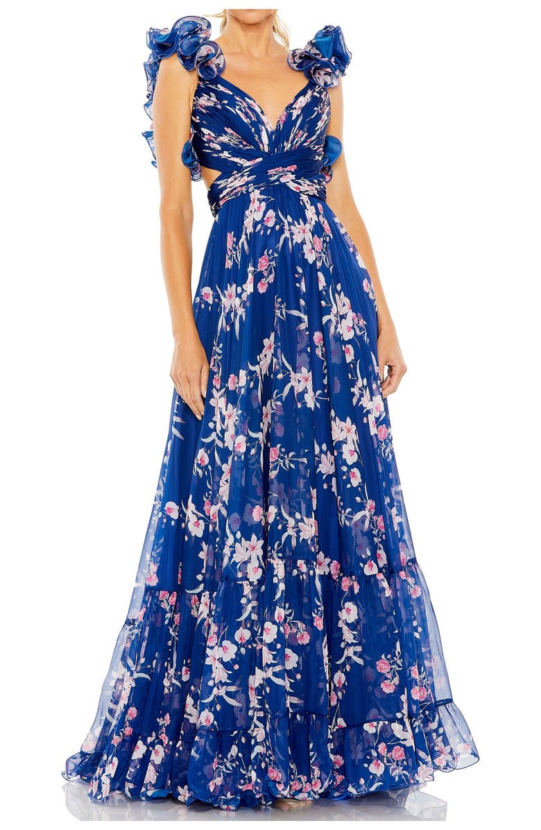 Mac Duggal Ruffle Tiered Floral Cut-Out Chiffon Gown, Main, color, Blue Multi