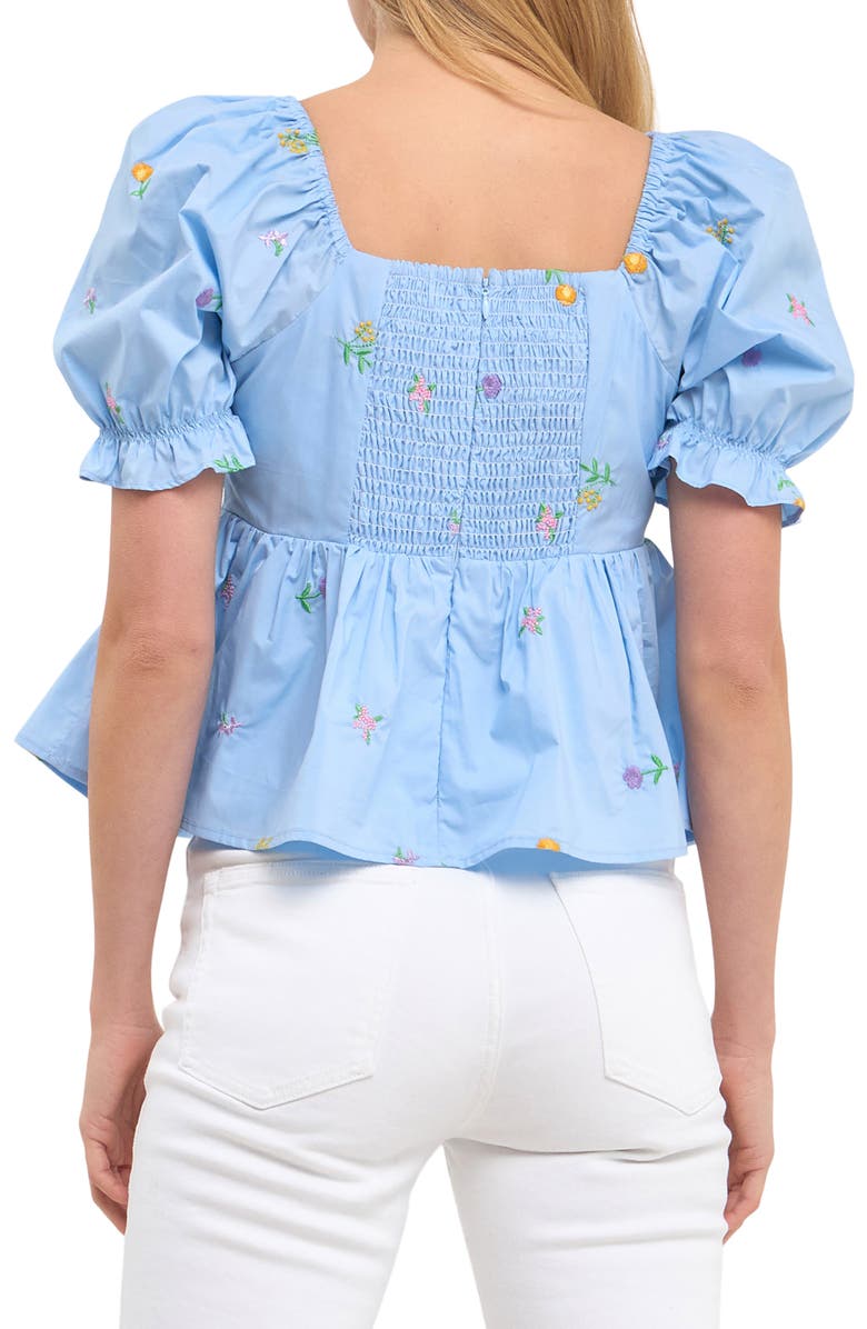 English Factory Floral Embroidered Puff Sleeve Babydoll Top, Alternate, color, Powder Blue Multi