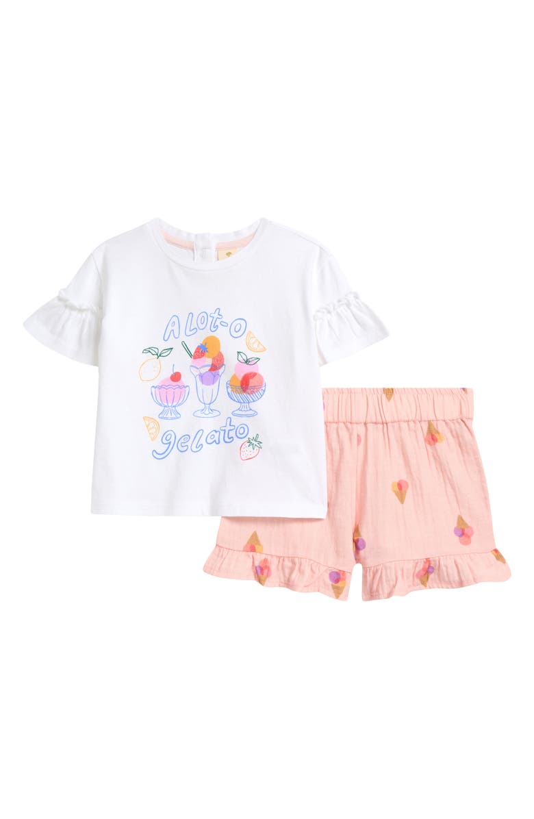Tucker + Tate Print Flutter Sleeve Cotton Graphic T-Shirt & Shorts Set, Main, color, White- Pink Balm Gelato