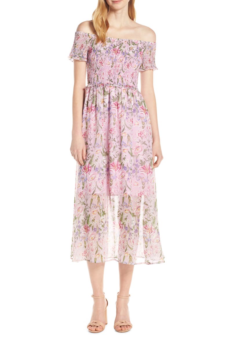 Smocked Off the Shoulder Dress, Main, color, PETAL PINK MULTI