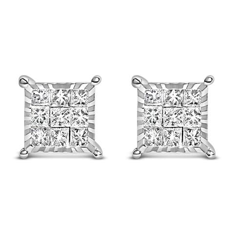 Sterling Silver 1/2 Cttw Princess Diamond Composite Square Stud Earrings