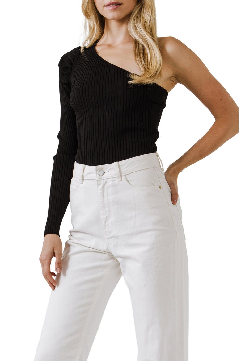 One-Shoulder Rib Knit Crop Top, Alternate, color, BLACK