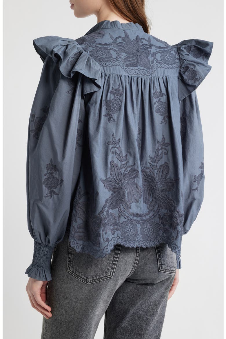 Nisa Floral Embroidered Ruffle Top, Alternate, color, STEEL BLUE