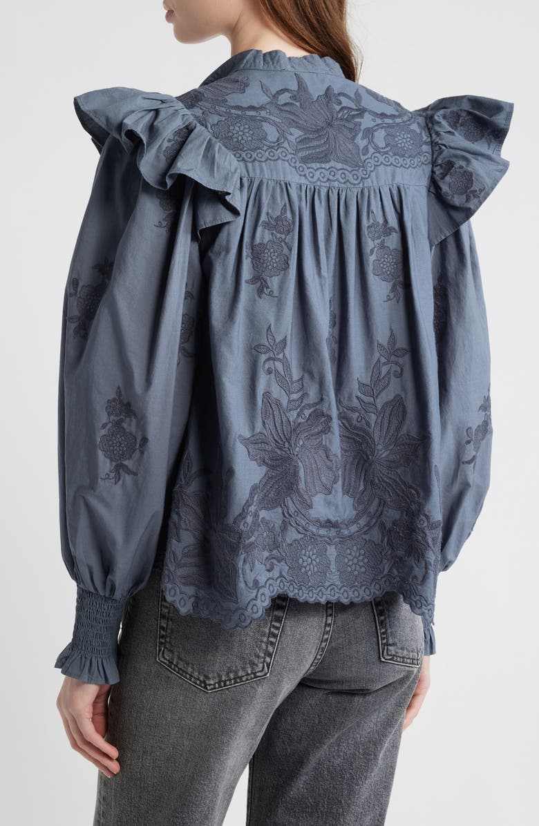 AllSaints Nisa Floral Embroidered Ruffle Top, Alternate, color, Steel Blue