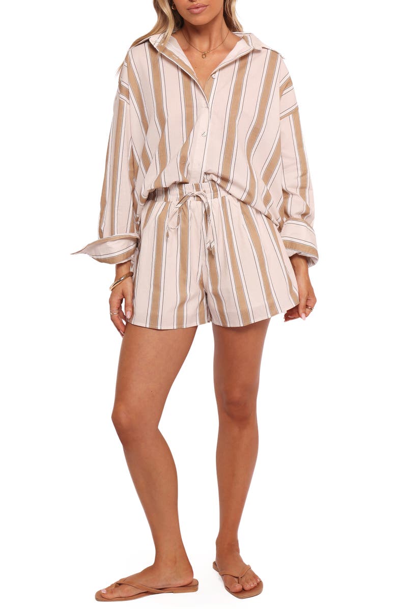 Petal & Pup Dean Stripe Cotton Button-Up Shirt & Shorts Set, Main, color, Beige Stripe