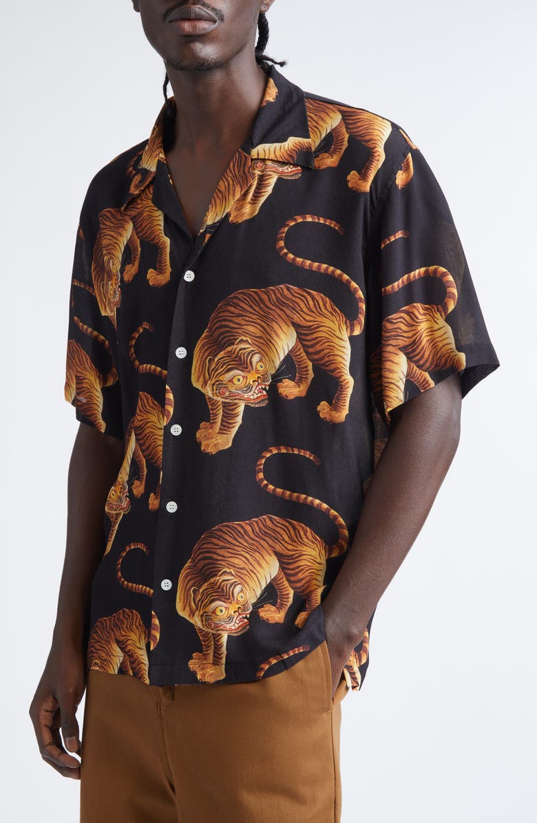 ENDLESS JOY Tiger Print Crepe Camp Shirt, Alternate, color, Black