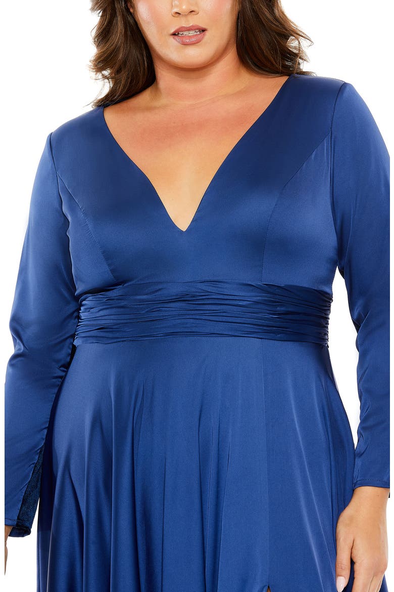 Quarter Sleeve Satin V Neck A Line Gown, Alternate, color, MIDNIGHT