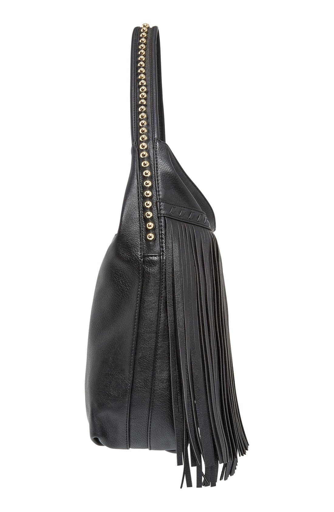 'JGiada' Fringe Faux Leather Ball Hobo, Alternate, color, BLACK