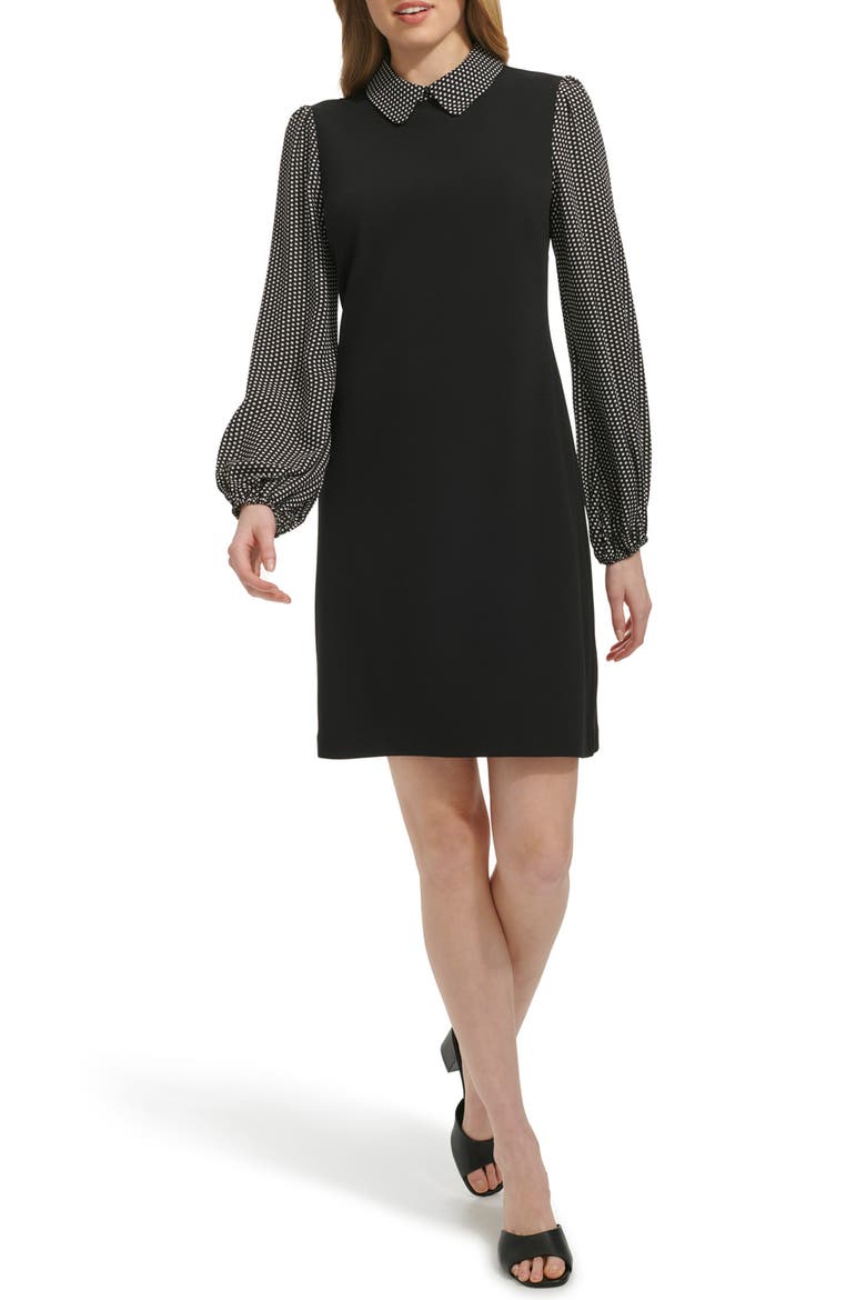 Polka Dot Long Sleeve Twofer Shift Dress, Main, color, BLACK/EGRET