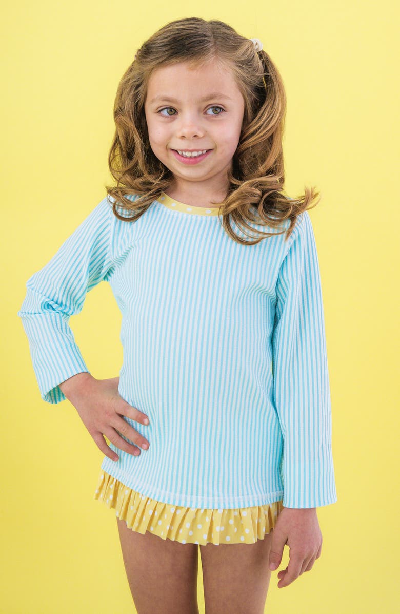 RuffleButts Kids' Blue Breeze Seersucker Long Sleeve Two-Piece Rashguard Swimsuit, Alternate, color, Blue