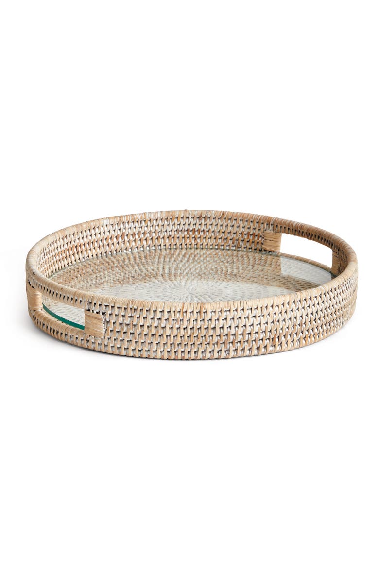 12.75"  Burma Rattan Whitewash Round Natural Woven Wicker Serving Tray, Main, color, White