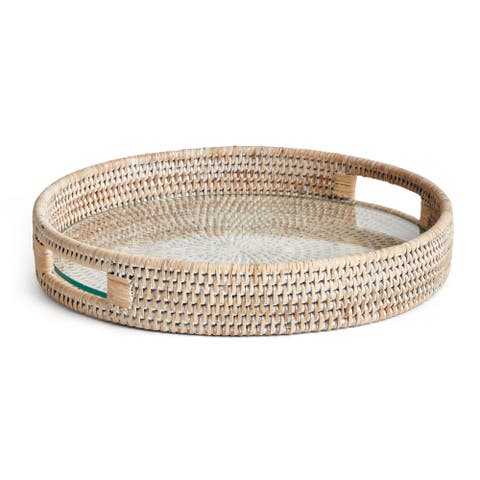 12.75"  Burma Rattan Whitewash Round Natural Woven Wicker Serving Tray