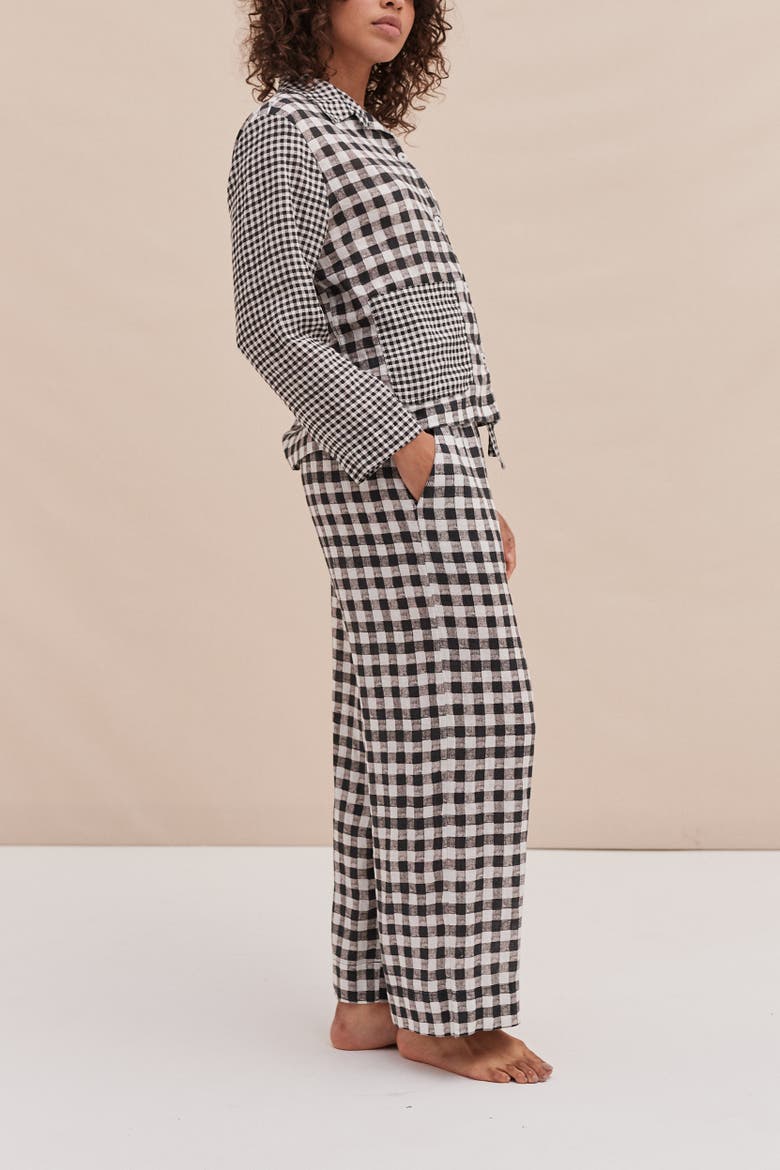 Long Sleeve Linen Pajamas, Alternate, color, GINGHAM LINEN BLACK/WHITE
