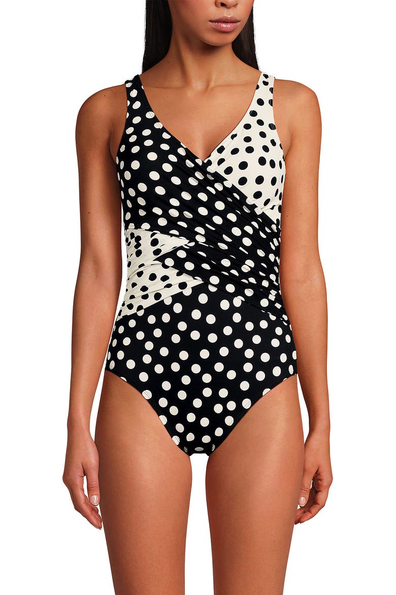 D-Cup Slender Tummy Control Chlorine Resistant V-neck Wrap One Piece Swimsuit, Alternate, color, Black/Egret Mixed Tossed Dots