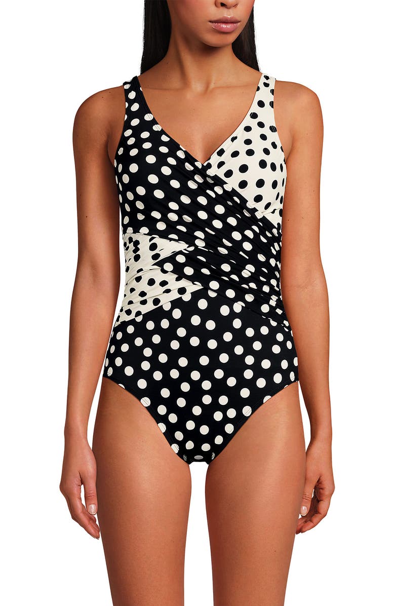 Lands' End DD-Cup New SlenderSuit Wrap One Piece Swimsuit, Alternate, color, Black/Egret Mixed Tossed Dots