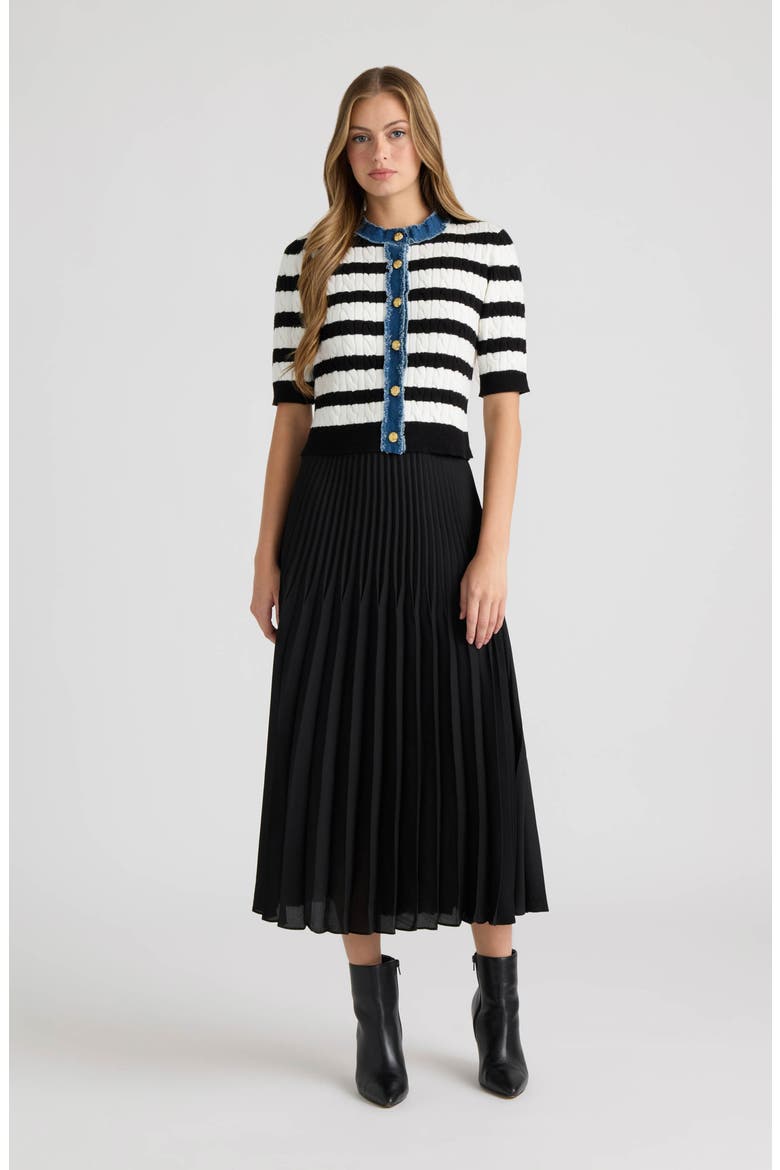 Cable Cardigan with Denim Trim, Alternate, color, MRSHMLW/ BLCK STRP