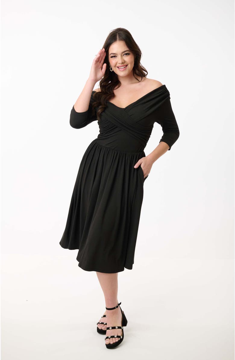 Unique Vintage Off Shoulder Swing Dress, Main, color, Black