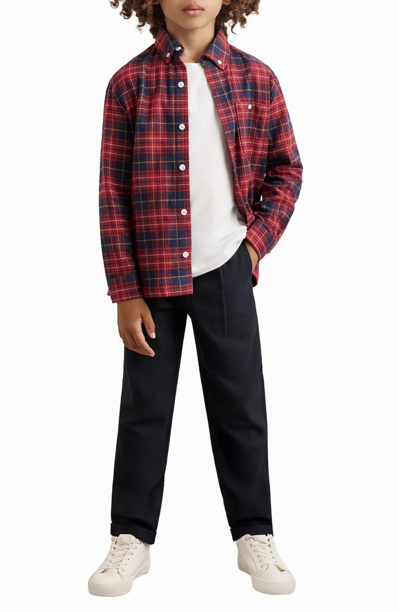 Reiss Kids' Bronts Kids' Plaid Cotton Button-Down Shirt, Alternate, color, Red/ Navy Blue