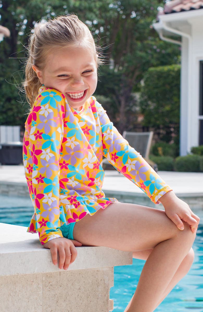 RuffleButts Endless Summer Two-Piece Rashguard Swimsuit & Headband Set, Alternate, color, Yellow