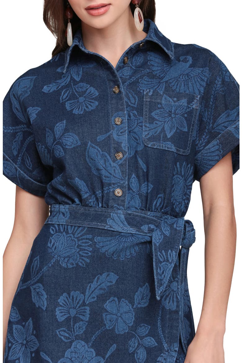 Floral Print Belted Denim Minidress, Alternate, color, PARROT FAN LASER PR