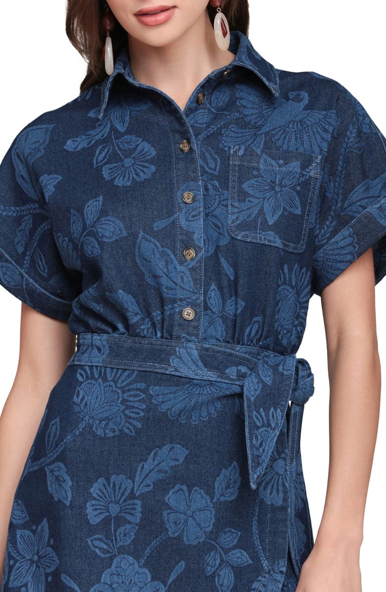 Avec Les Filles Floral Print Belted Denim Minidress, Alternate, color, Parrot Fan Laser Pr