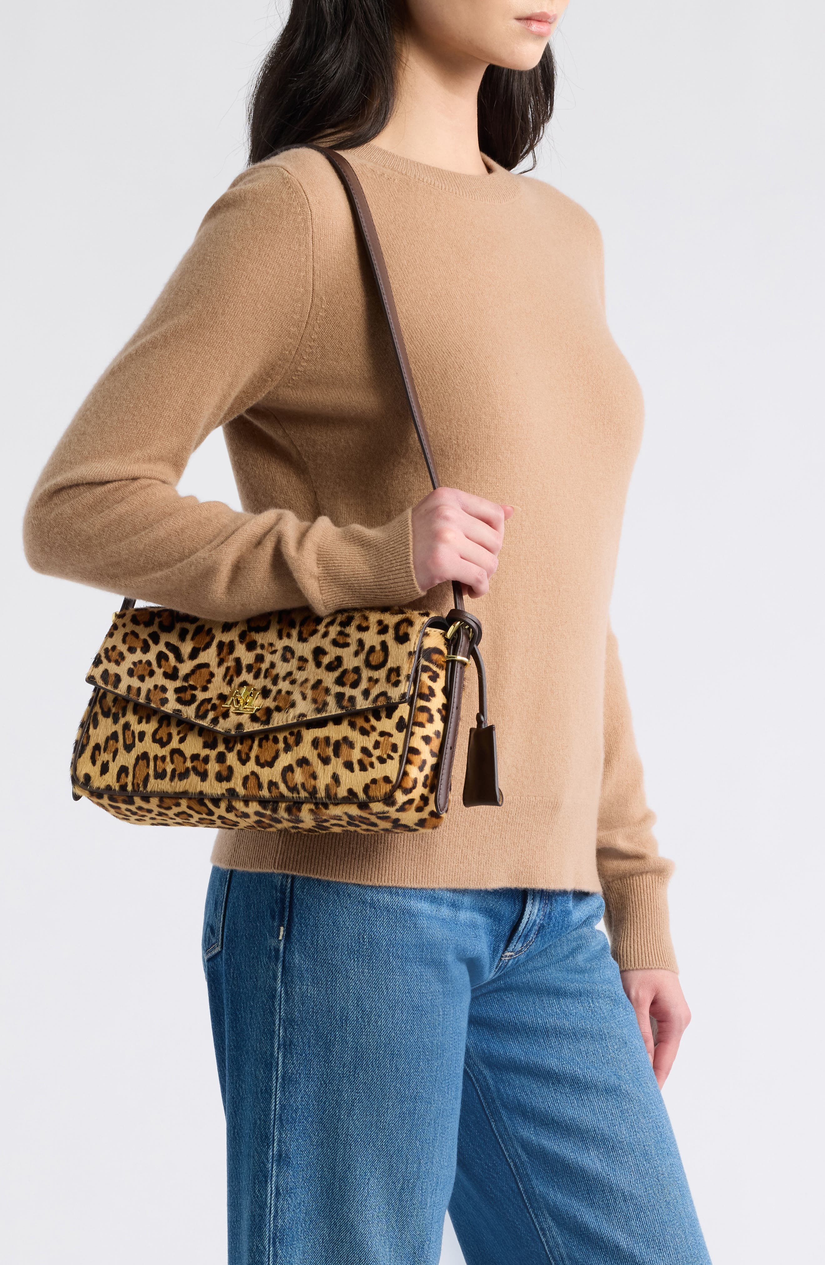 Haircalf Shoulder Bag, Alternate, color, DARK BROWN/ LEPORD PRINT