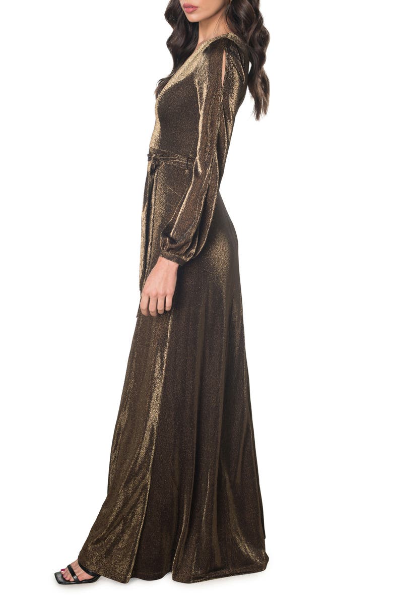 Dress the Population Eris Metallic Long Sleeve Slit Gown, Alternate, color,