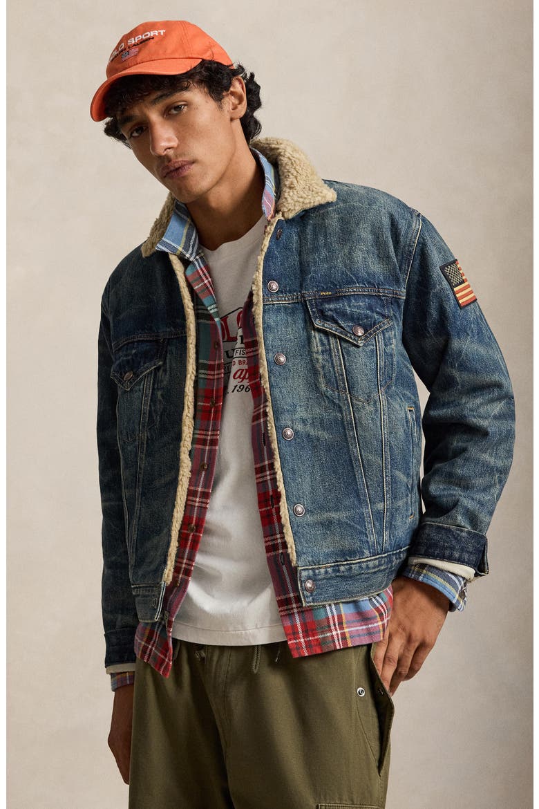 Rigid Fleece Lined Denim Trucker Jacket, Alternate, color, BLUE