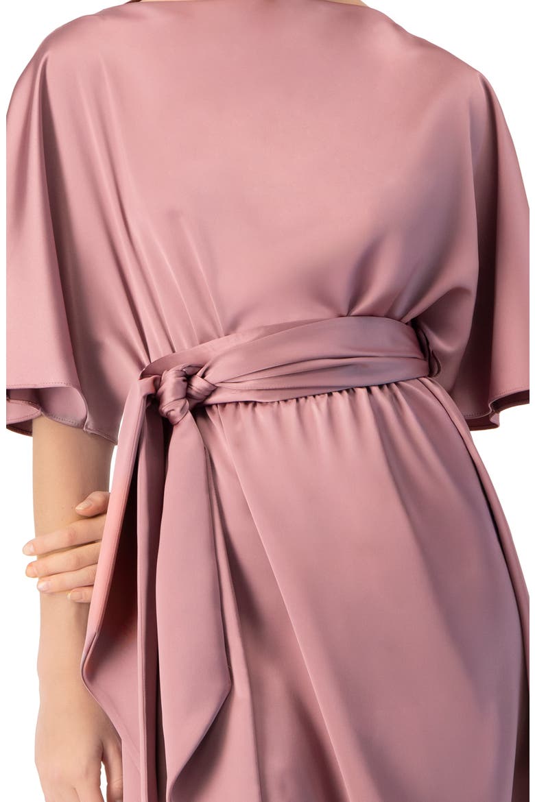 Short Satin Dress with Waist Tie, Alternate, color, Dark Pink