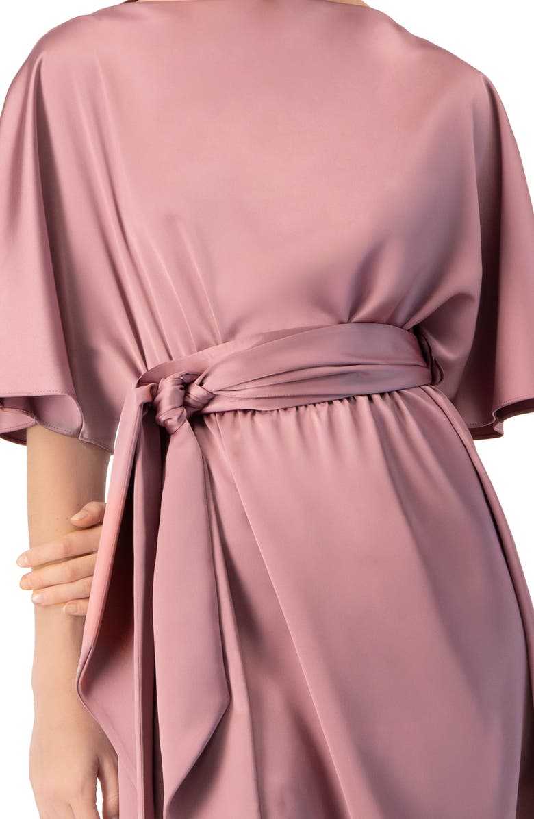 IVONNE Short Satin Dress with Waist Tie, Alternate, color, Dark Pink