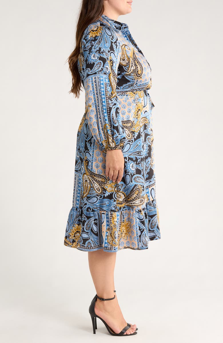 Jones New York Long Sleeve Tie Belt Satin Shirtdress, Alternate, color, Blue Lagoon Multi