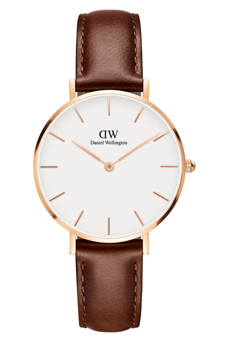 Classic Petite Leather Strap Watch, 32mm, Main, color, BROWN/ WHITE/ ROSE GOLD