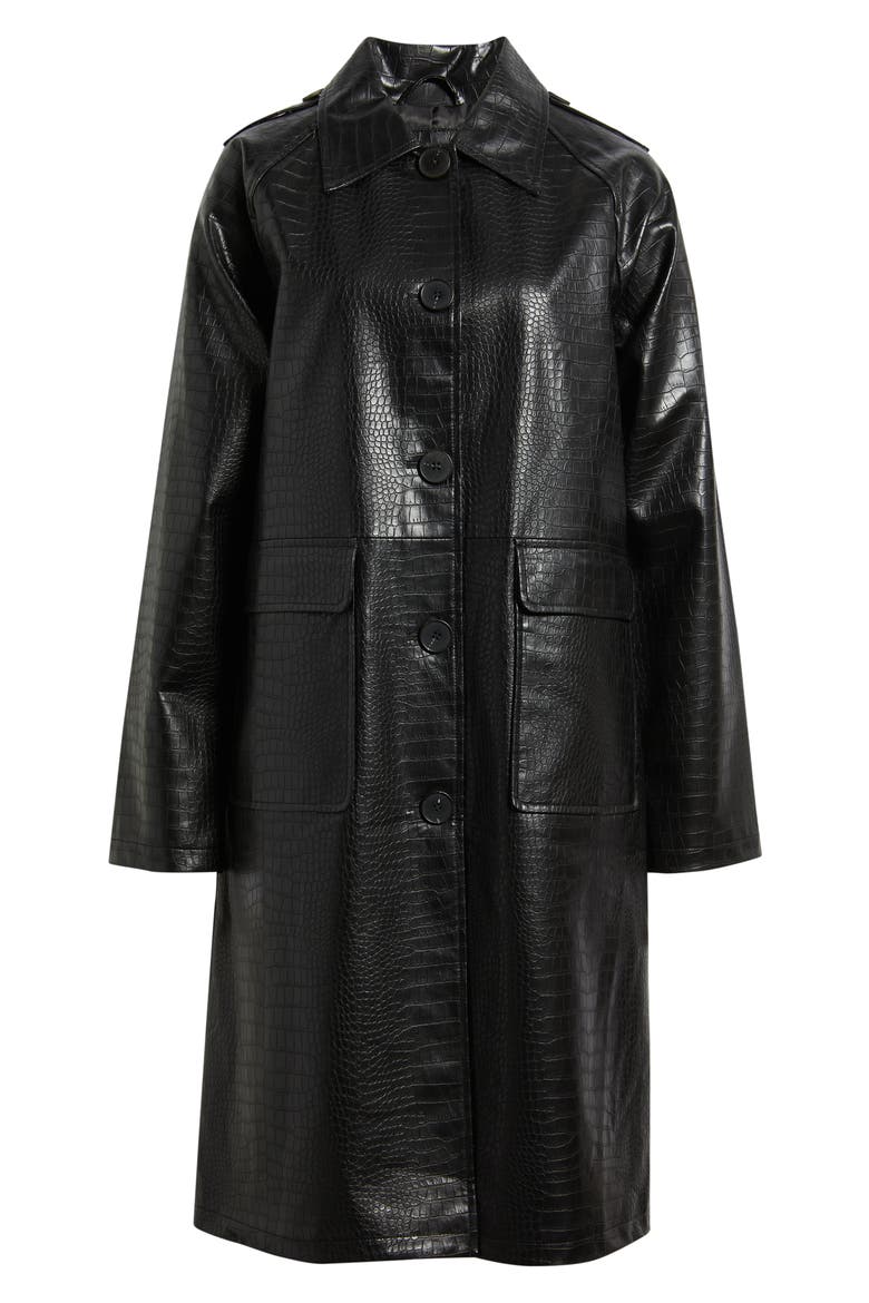 Croc Embossed Faux Leather Trench Coat, Alternate, color, BLACK