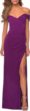 La Femme Off the Shoulder Fully Ruched Floor Length Gown