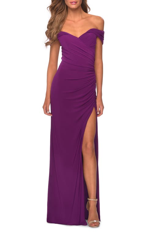 La Femme Off The Shoulder Fully Ruched Floor Length Gown In Purple