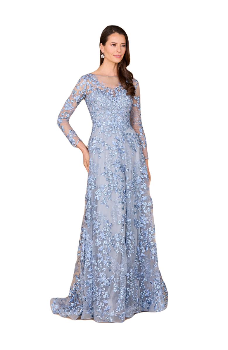 LARA New York Illusion Neckline, Long Sleeves Gown, Main, color, Blue