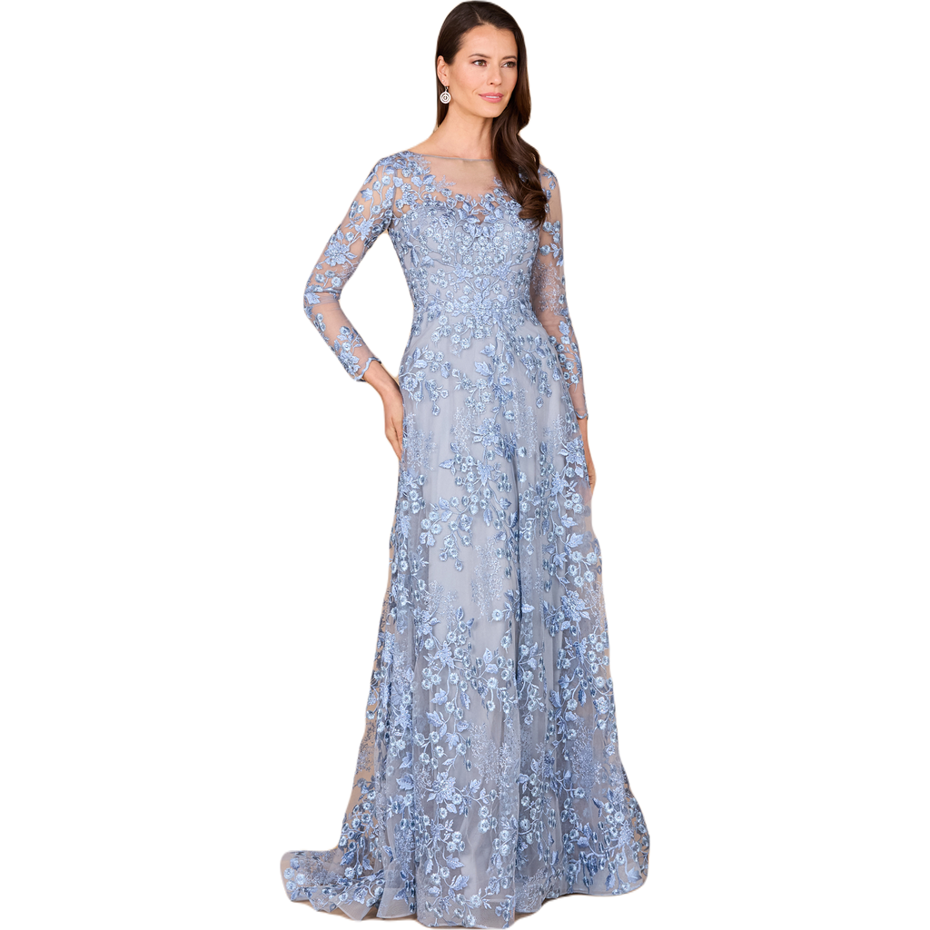 Lara New York Illusion Neckline, Long Sleeves Gown In Blue