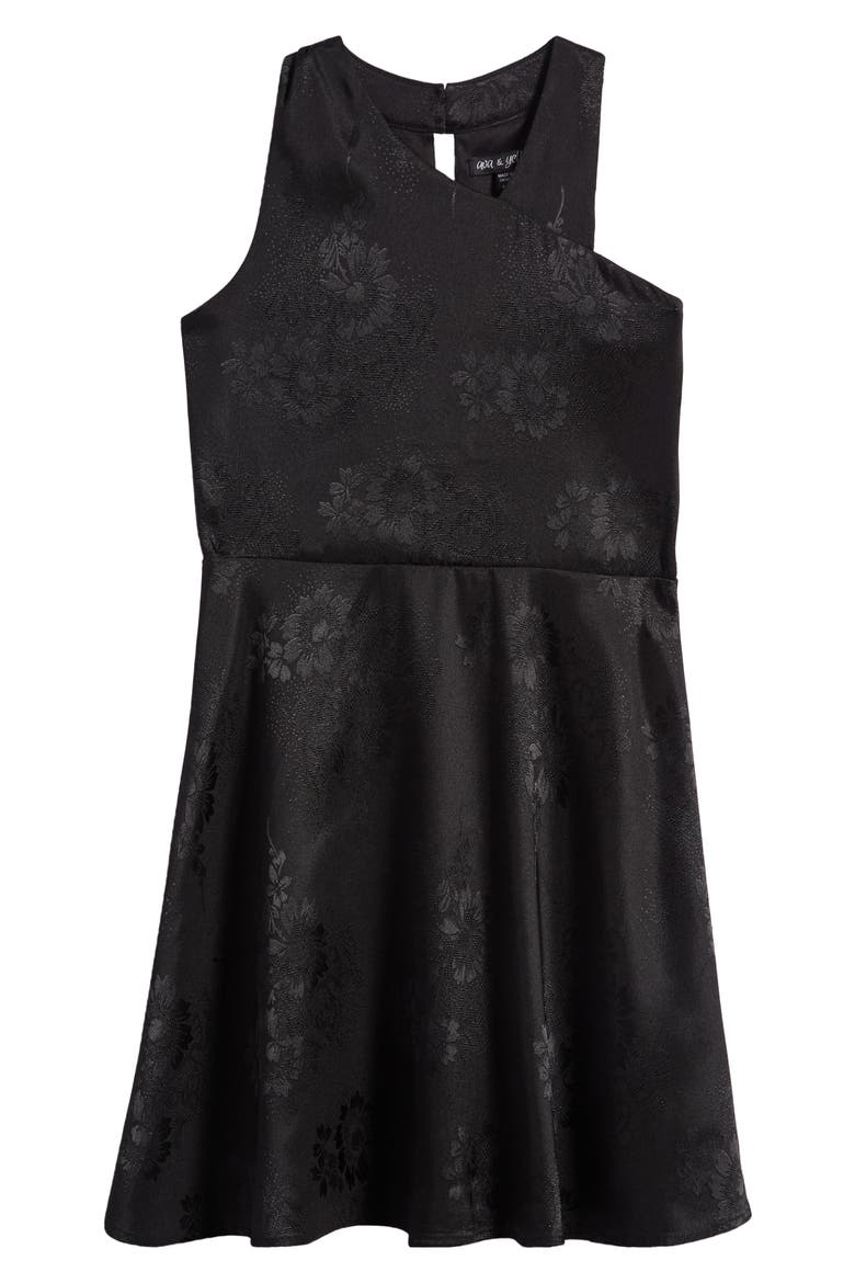 Kids' Floral Embossed Sleeveless Satin Dress, Main, color, BLACK