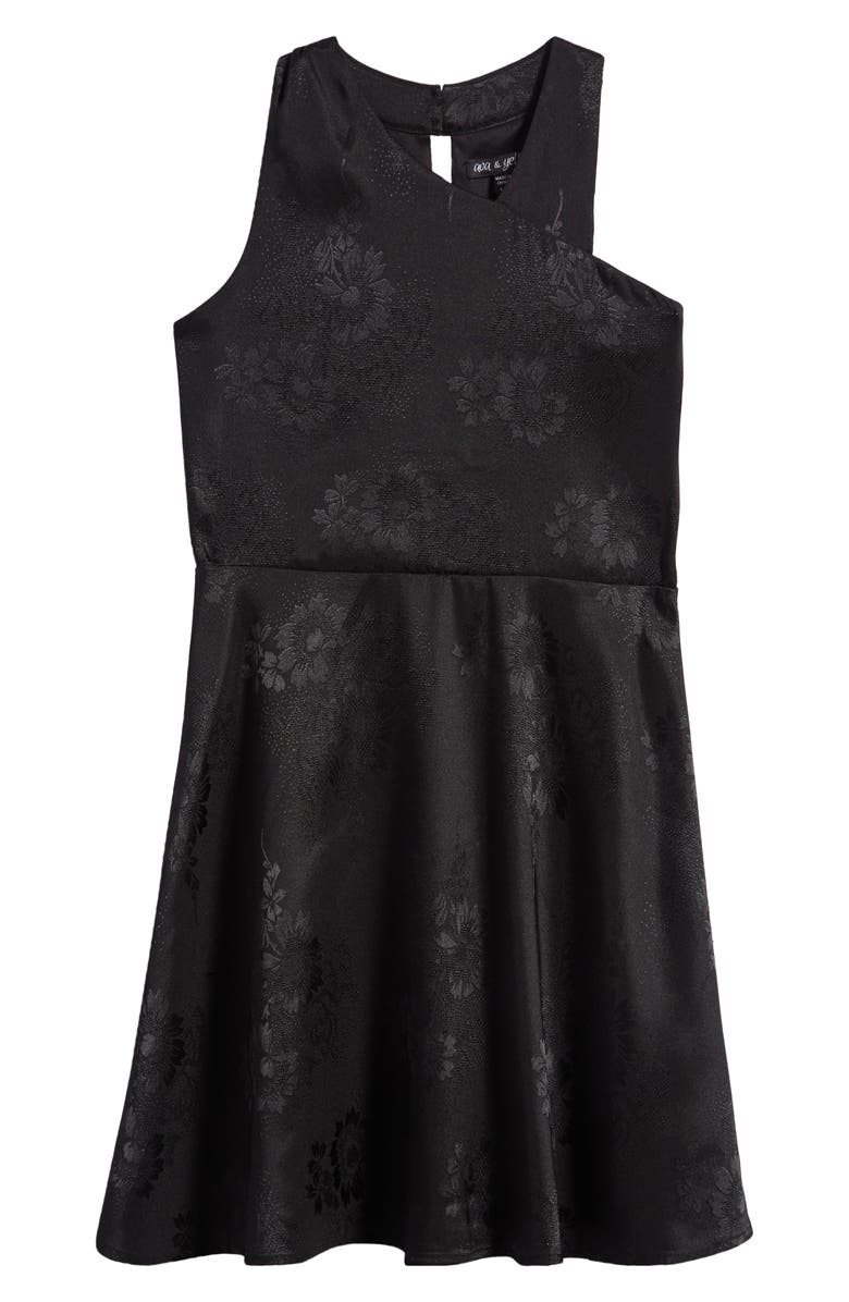 Ava & Yelly Kids' Floral Embossed Sleeveless Satin Dress, Main, color, Black